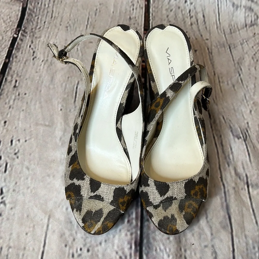 Via Spiga Brown Leopard Linen Leather Lining Slingback Wedge Sandals Size 6.5